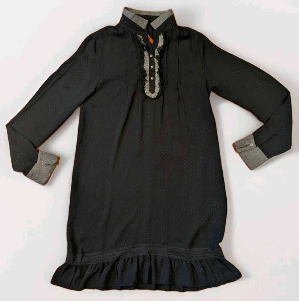 Cop Copine Dress FR 36 Black Polka Dot Ruffle Tunic Mini Trim French Y2K